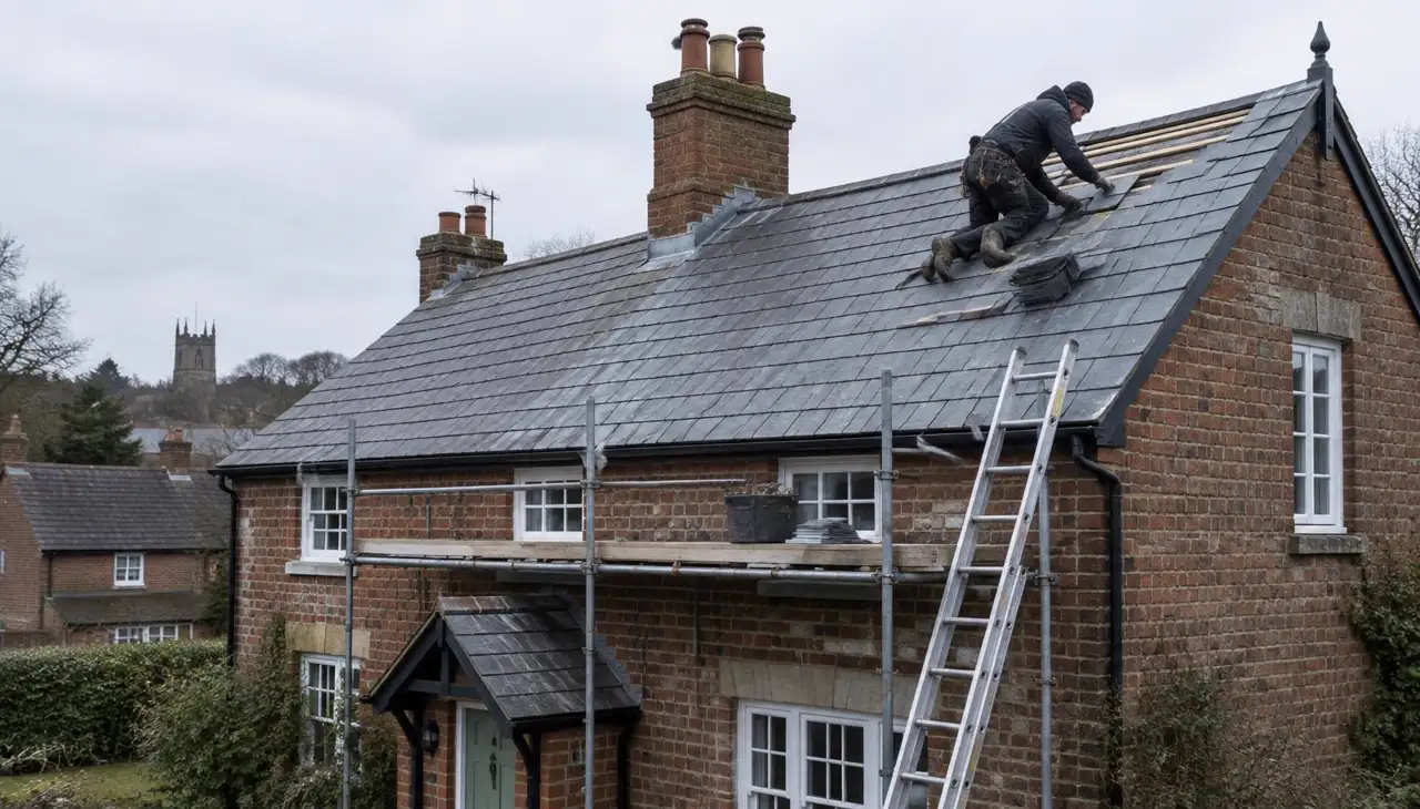 Roofer repairing a slate roof